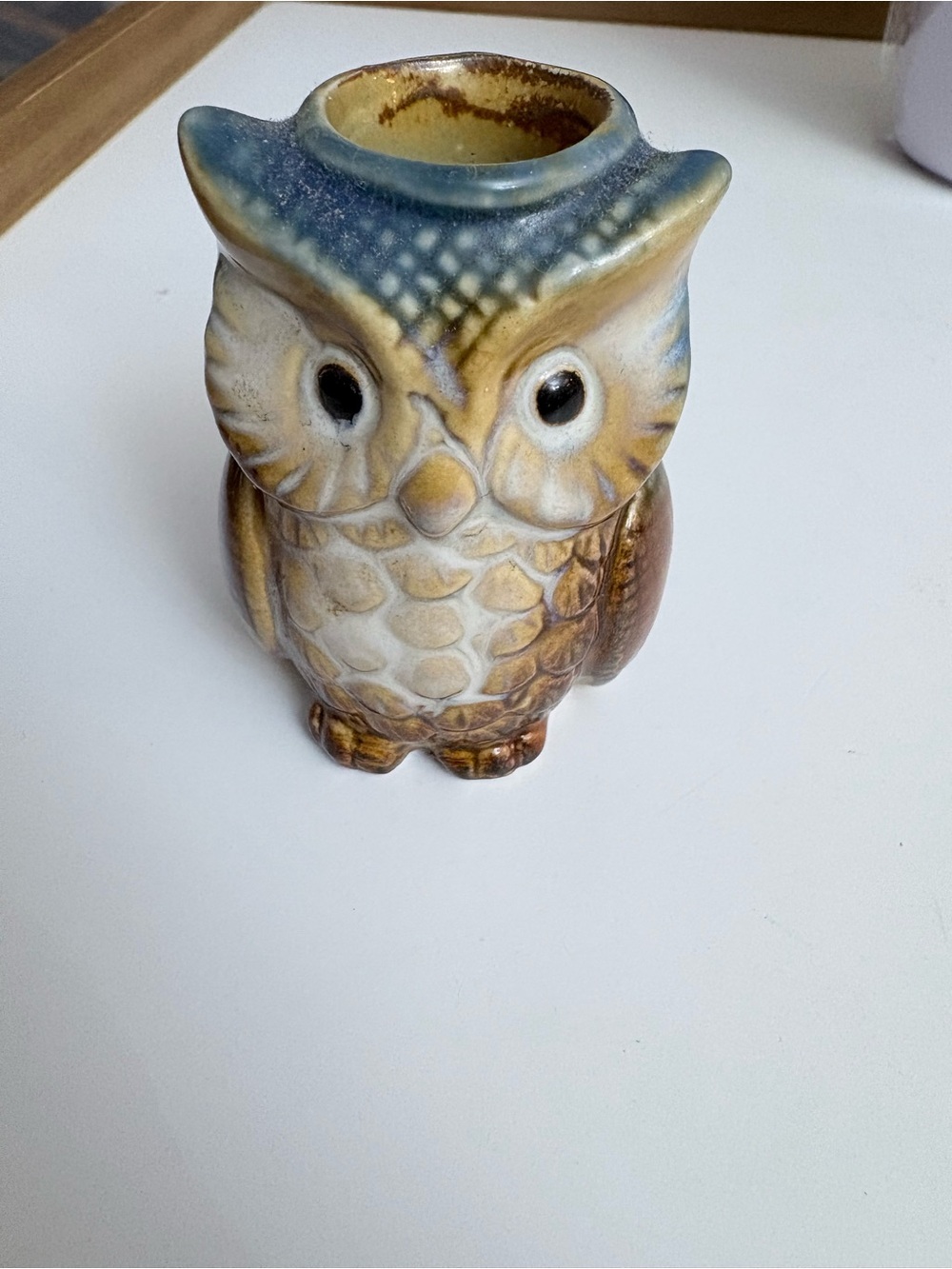 Vintage Owl Toothpick Holder Blue Tan